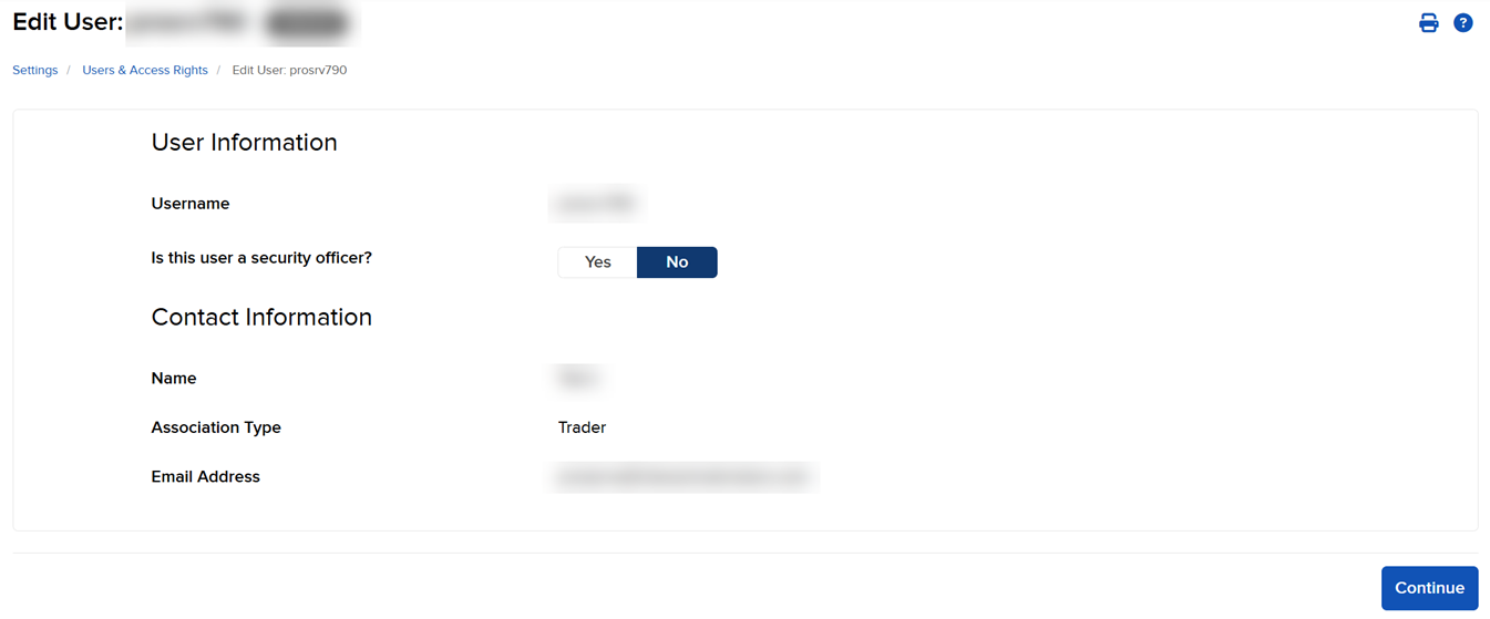 The edit users & access rights panel in portal